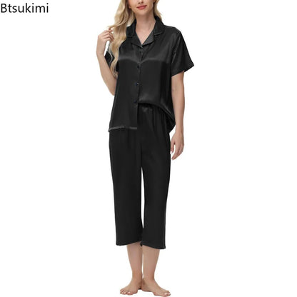 New Women Two-piece Pajama Set Elegant Ice Silk Pajama Set with Button-down Shirt Wide Trousers Homewear Casual Outfit Sleepwear