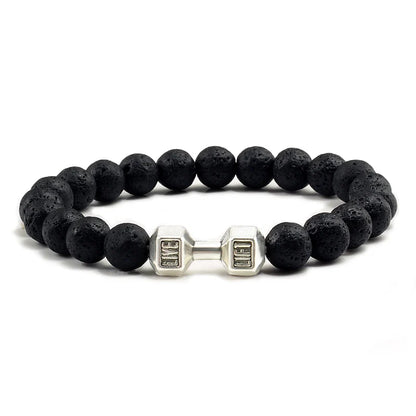 Bracelet en pierre volcanique naturelle pour hommes, perles mates noires, breloque haltère, bracelets à breloques pour femmes, bijoux de fitness