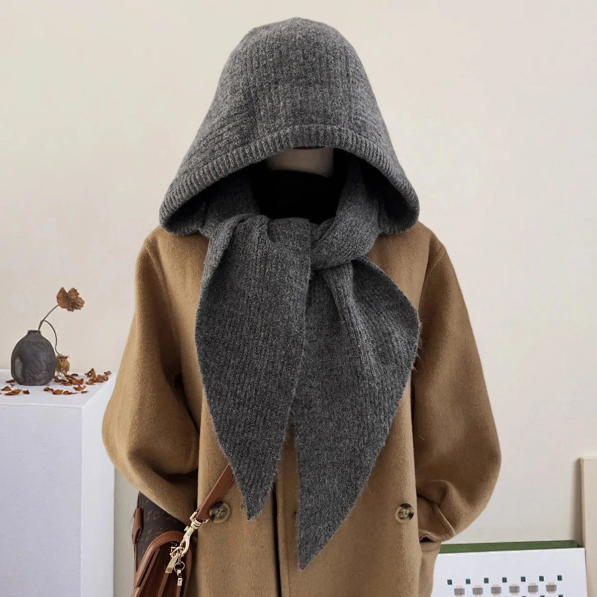 Womens Ribbed Knitted Skullies Hat with Scarf Stylish Solid Color Hooded Scarf for Winter Spring Fall