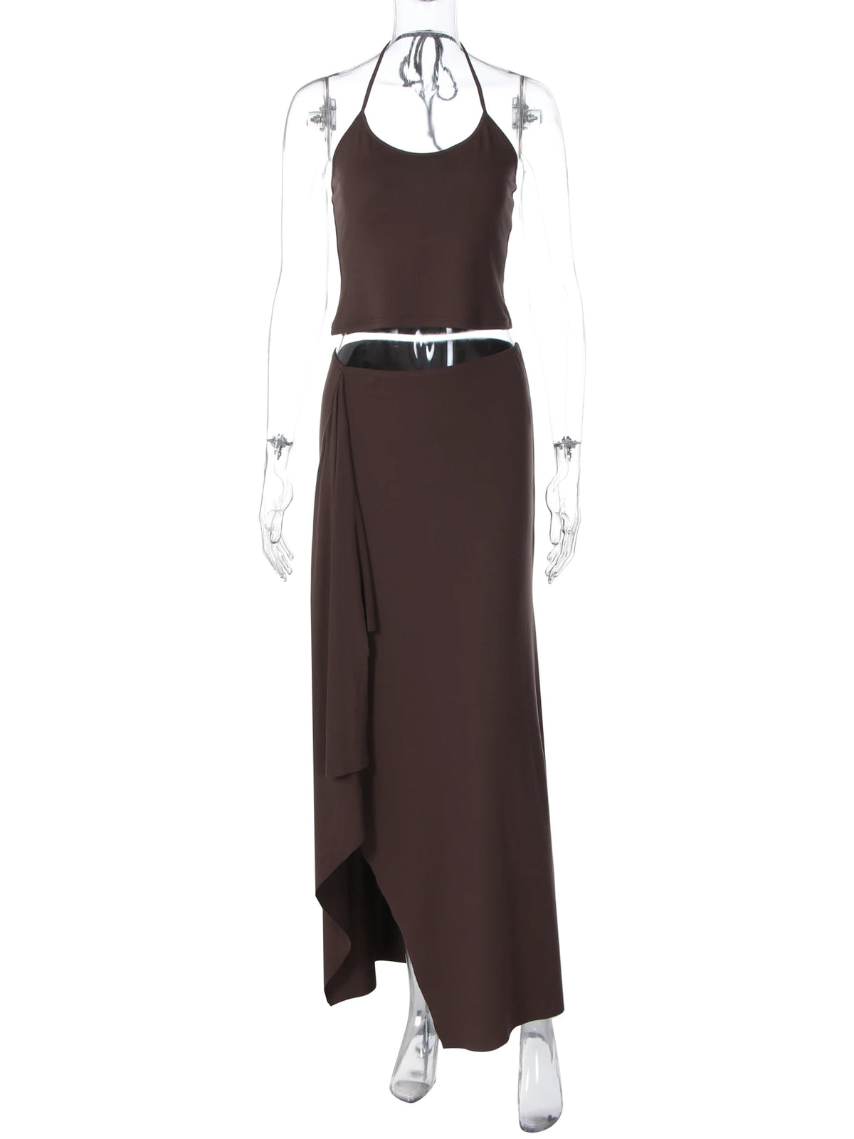 Hugcitar Fashion 2 Pcs Sets Halter Solid Backless Lace Up Sexy Crop Tank Top Ruched Maxi Skirt Women Outfit Beach Vacation Sport
