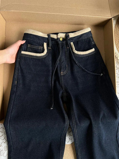 Jean en Denim Doux Bleu Rétro pour Femme, Pantalon Large Hiver Nouveau Style Décontracté, Tendance, avec Cordon et Fermeture Éclair