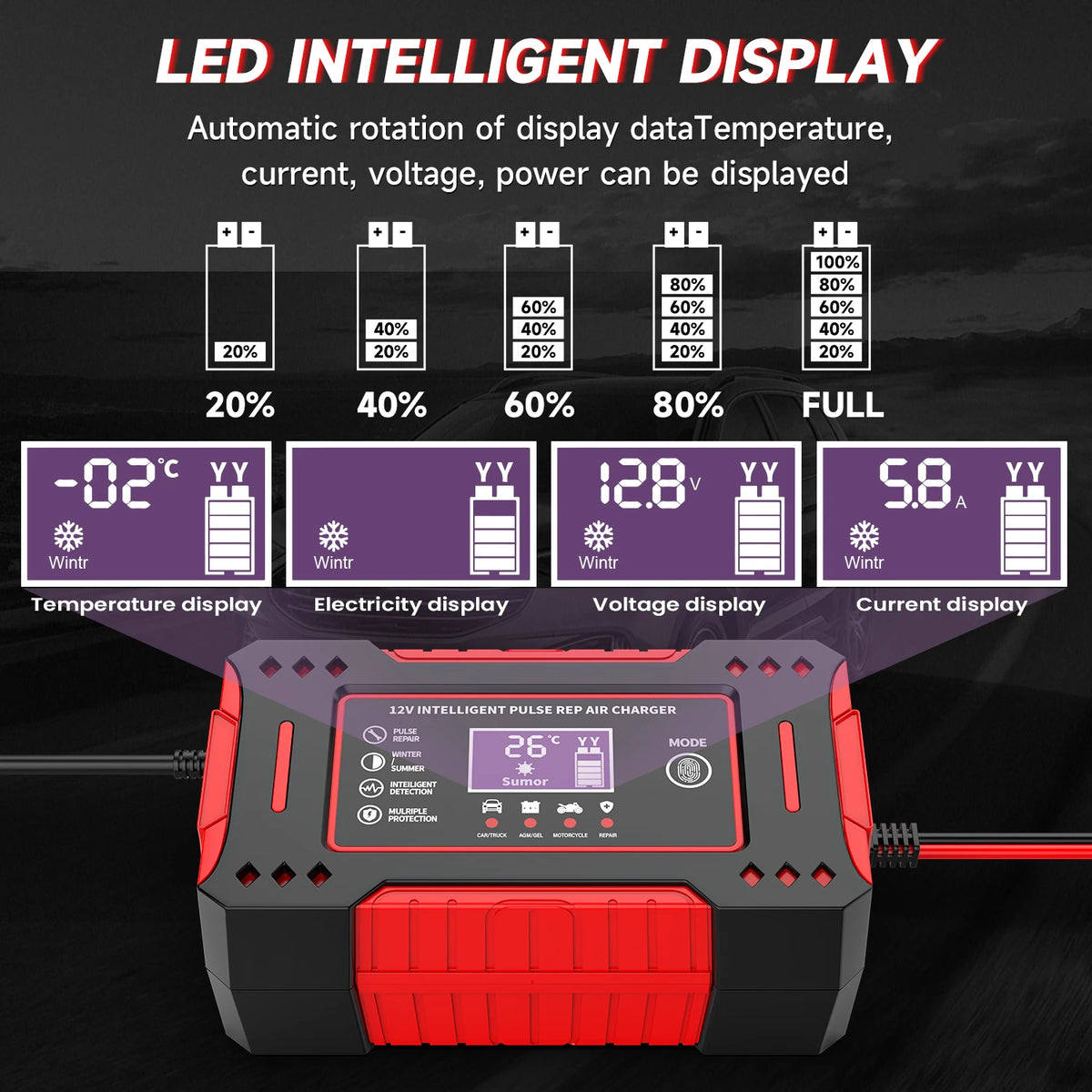 Chargeur de batterie de voiture intelligent 6A 12V avec écran LCD, unité de charge pour batteries de voiture et de moto, batterie au plomb-acide