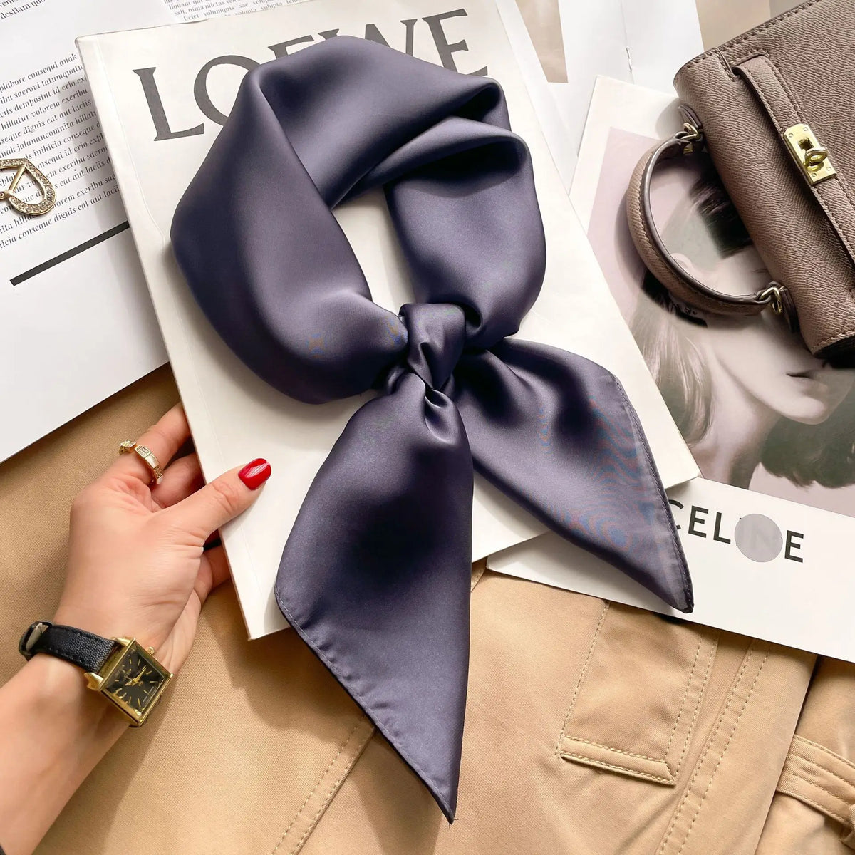 2025 Summer Hijab Head Girl Luxury Silk Square Plaid Scarf Women Satin Neck Hair Tie Band Soft Work Neckerchief