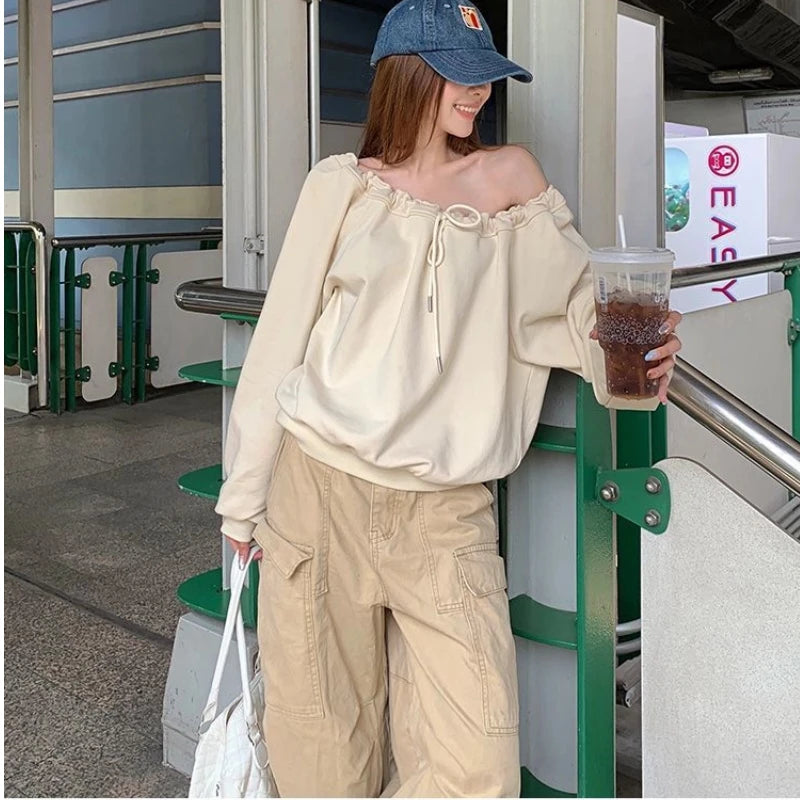 Bandage Plissé Uni Style Décontracté Sweatshirts à Capuche Printemps Automne Manches Longues Ample Hauts Tendance Vêtements Coréens Décontractés pour Femmes