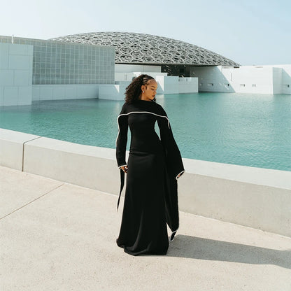 Robe longue Cape avec bordure en perles blanches pour femmes, manches longues, taille cintrée, Abaya musulmane, collection printemps Aïd 2026