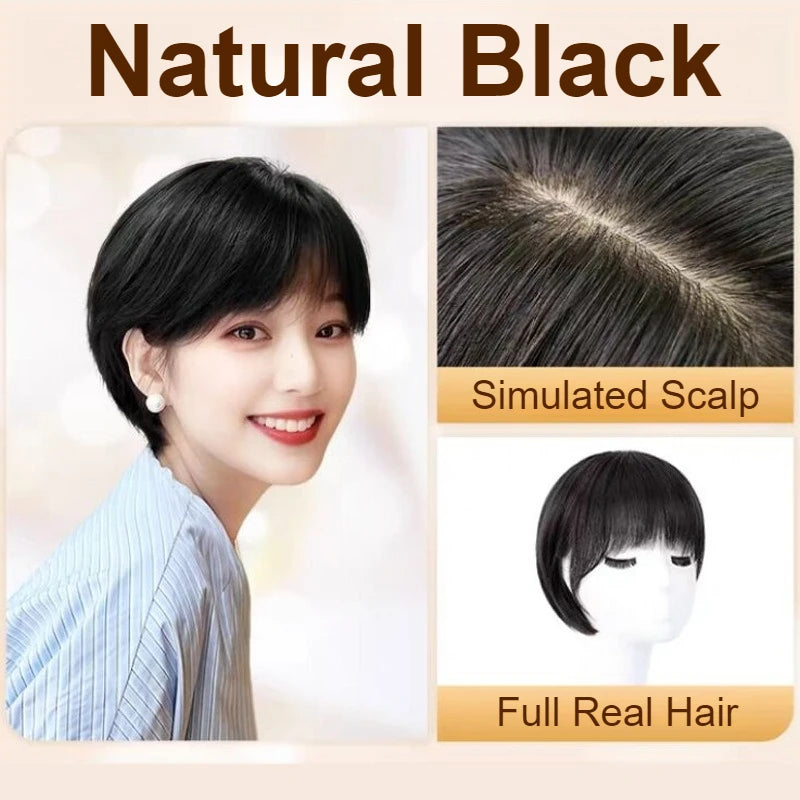 100% Human Hair Short Wig with Bangs Fashionable Women Natural Looking Black Hairpiece Breathable Cap Wig for Daily Wear Cosplay
