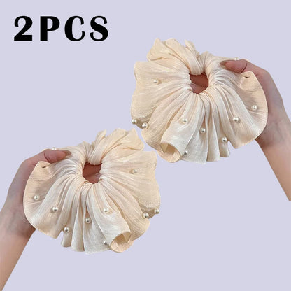 High-End Super Fairy Imitation Pearl Mesh Headband with Pleated Texture Floral Hair Rope Ponytail Accessory