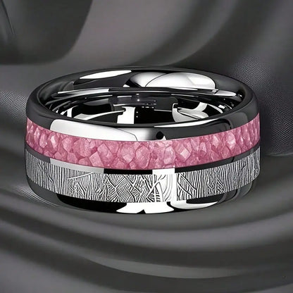 Bagues de mode en acier inoxydable argenté de 8 mm pour hommes, bagues incrustées de météorite en coquille d'ormeau rose pour hommes et femmes, bijoux de mariage