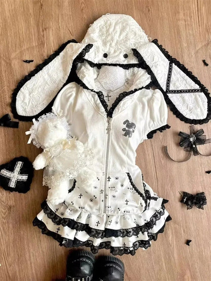 Spring Y2K Princess Outfits Women 2 Piece Sets Sweet Kawaii Bow Tops + Lace Pleated Skirt Female Retro Chic Preppy Style Clothes