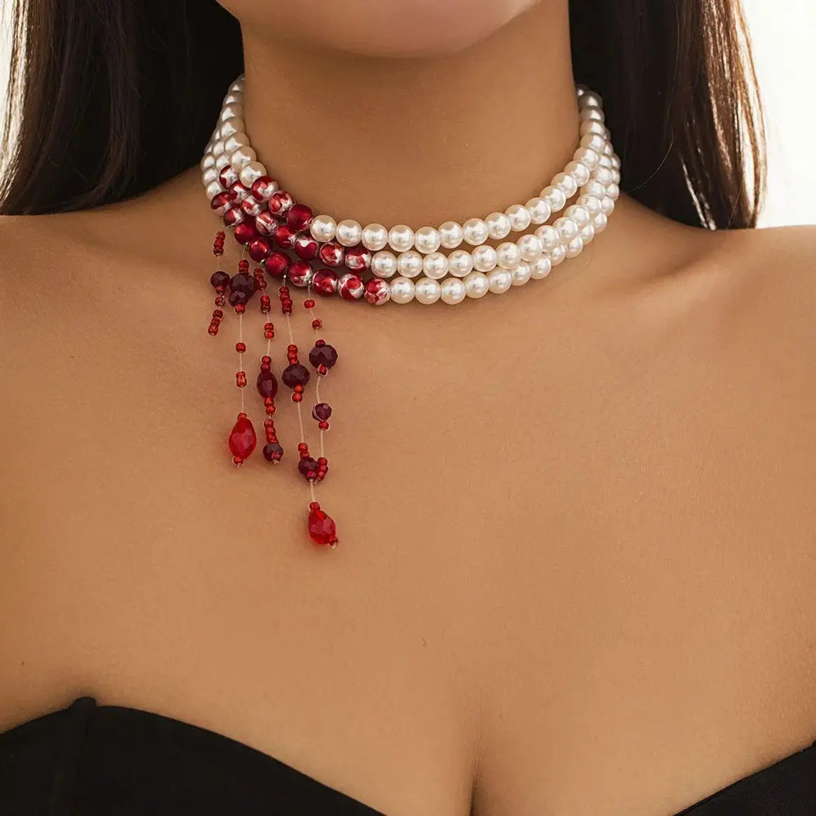 DIEZI Goth Multilayer Red Blood Imitation Pearl Choker Statement Necklace For Women Vintage Crystal Bead Halloween Jewelry