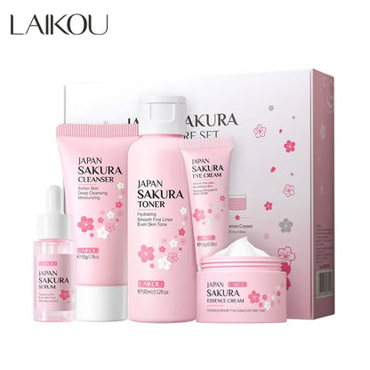 LAIKOU Sakura Kit Ensemble de Soins de la Peau Hydratant et Réducteur de Rides Fines Produit Nettoyant les Pores 5 Pièces Cadeau pour la Fête des Femmes Coréenne