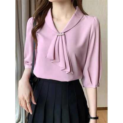 Blouses chemises d'été pour femmes, élégantes, style bureau, OL, manches courtes, col lavallière, couleur rose