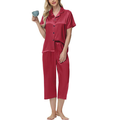 New Women Two-piece Pajama Set Elegant Ice Silk Pajama Set with Button-down Shirt Wide Trousers Homewear Casual Outfit Sleepwear
