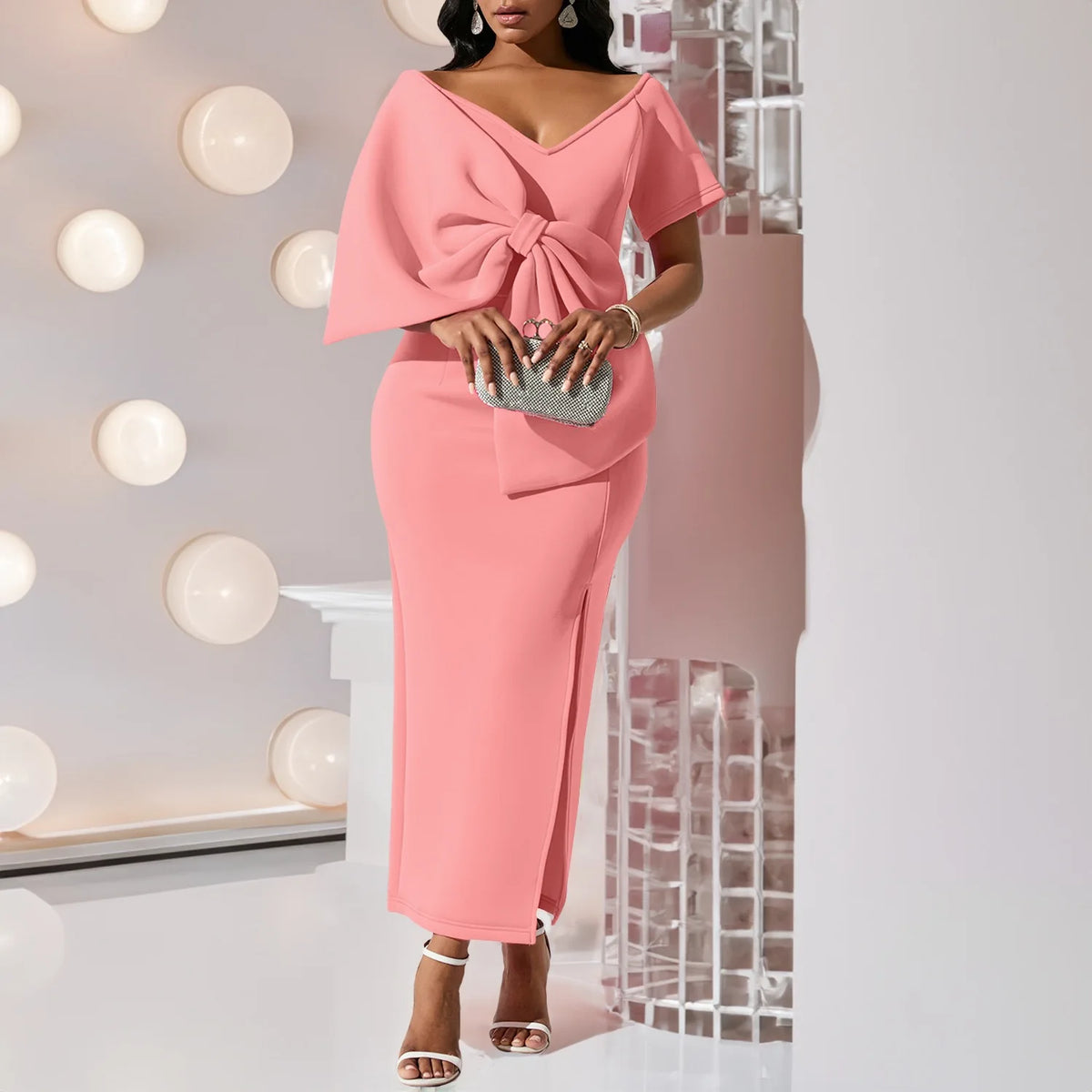 Elegant Party Dresses for Woman 2024 New V Neck Short Sleeve Big Bow Decorate Sheath Side Split Ankle Length Luxury Party Dress