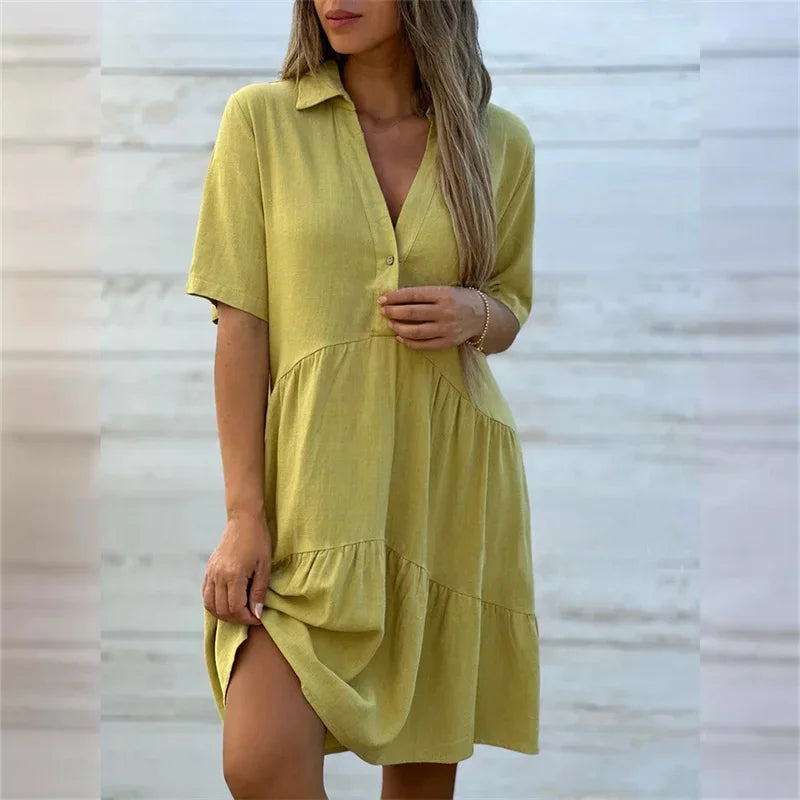 Robes en coton et lin de couleur unie pour femmes, robe patchwork à revers et boutons, robe d'été décontractée, taille haute, manches courtes, tenue féminine.