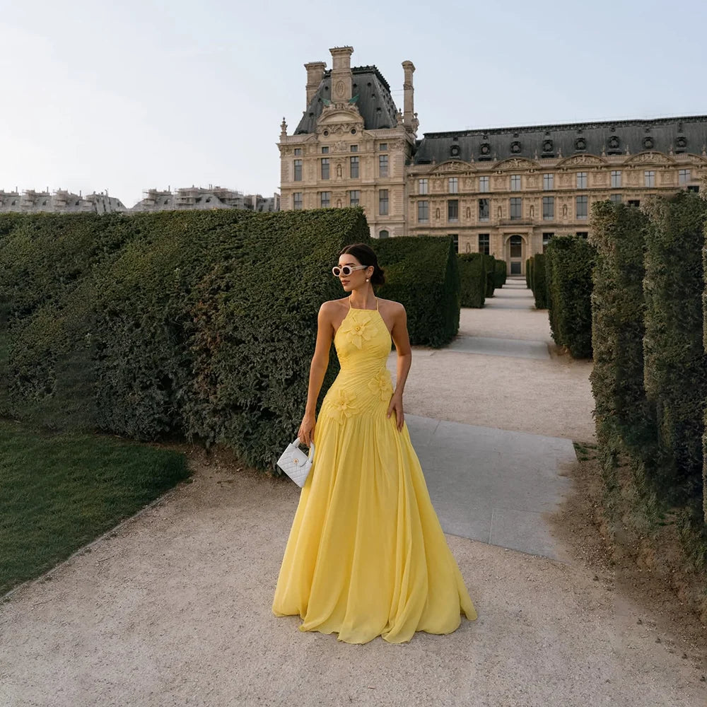 Elegant Party Dress for Women Halter Neck Sleeveless A Line Pleated Chiffon Applique A Line Yellow Long Evening Dress Customized