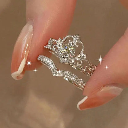 2 bagues couronne scintillantes de fée pour femmes adolescentes, en cristal coréen, ajustables, argentées, cadeau d'anniversaire, ensemble de bagues reine de soirée, bijoux