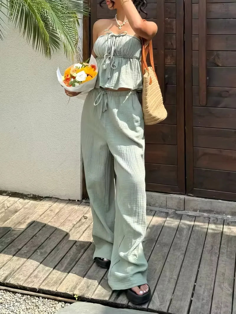 2 Piece Sets Woman Outfits, New Women's Casual Two-Piece Lace Up Top and Pants