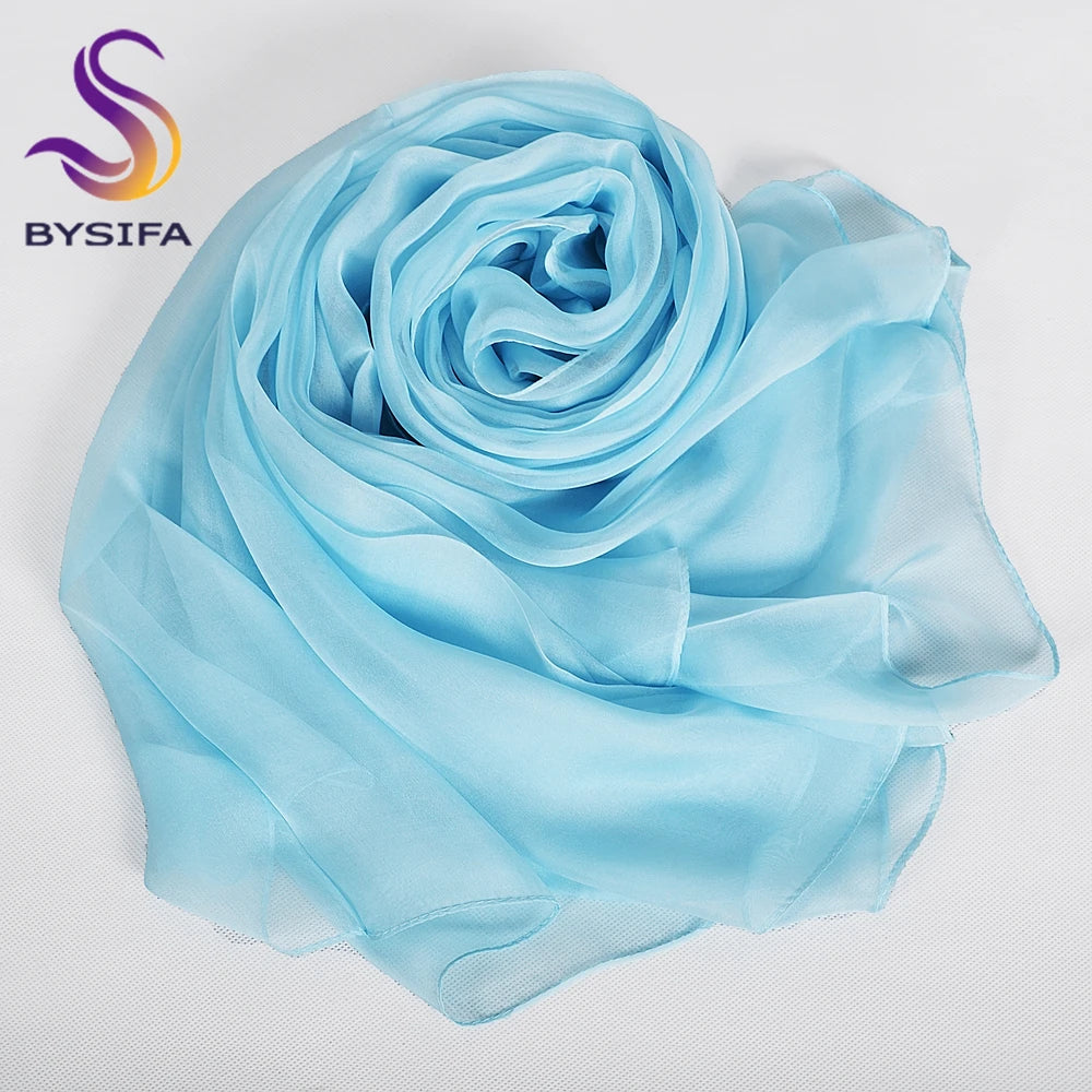 [BYSIFA] Peacock Blue Winter 100% Mulberry Silk Long Scarves Wraps Female Fashion Large Scarf Shawl Spring Fall Silk Scarf Cape
