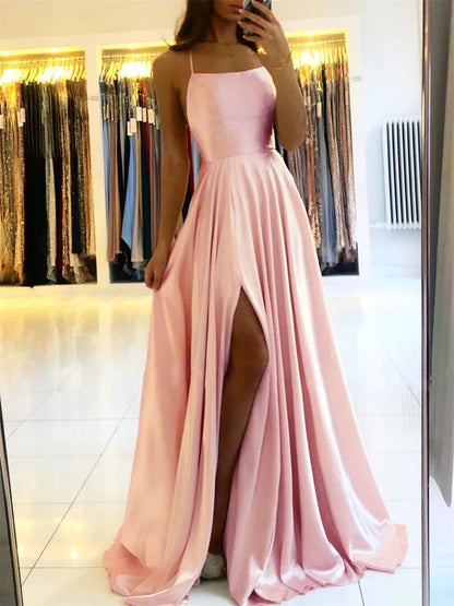 Élégante Robe Longue Femme Satin de Plage Sexy Fente Dentelle Robe de Soirée Bal Bretelles Réglables Robes de Demoiselle d'Honneur