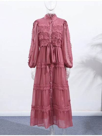 Robes longues évidées pour femmes, manches lanternes, laçage, perles, boutonnage simple, Vestidos, printemps, couleur unie, robe élégante 2026