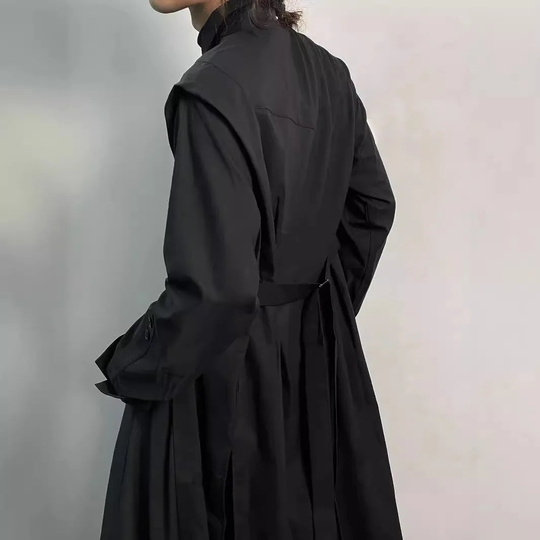 Y2K Gothic Trench Coat Men Dark Academia Streetwear Long Shirt Dress Asymmetric Hem Belted Punk Style Outerwear