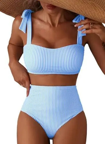 Women Two-piece Halter Vest Swimwear Sexy Striped Ruffle High Waisted Bikinis Set Female Bathing Suit Tie Strap Beachwear