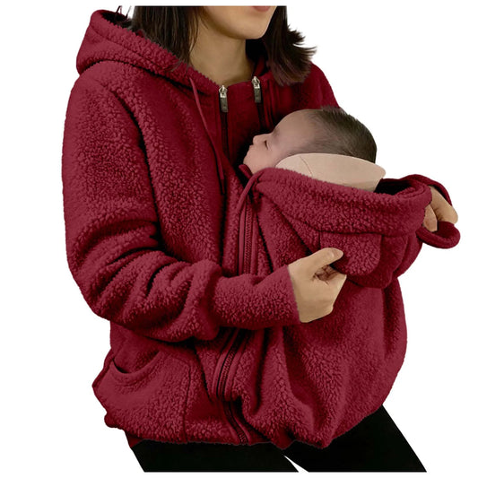 2 in 1 Warm Fleece Hoodie Coat with Baby Carrier Long Sleeve Faux Fur Plush Sweatshirt Outdoor Mom's Hoodie Jacket Baby Bag