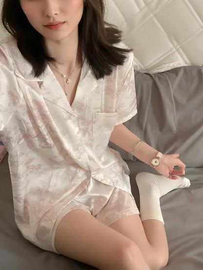 Ensemble pyjama en soie imprimé cerises pour femme, chemise à manches courtes et short, deux pièces, vêtements de nuit, d'intérieur, pour l'été.