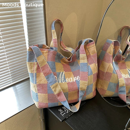 2025 Summer New Trends Striped Plaid Tote Bags For Women Cotton Fabric Letter Prints Large Capacity Shoulder Shopper Student Bag