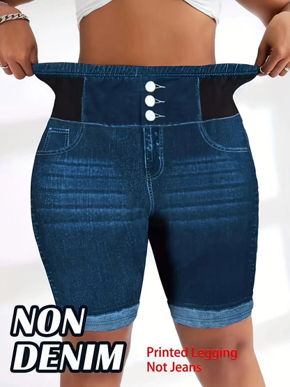 Shorts de motard gainants grande taille, shorts de cyclisme chic en faux jean à 3 boutons, bas de yoga amincissants taille haute pour femmes rondes