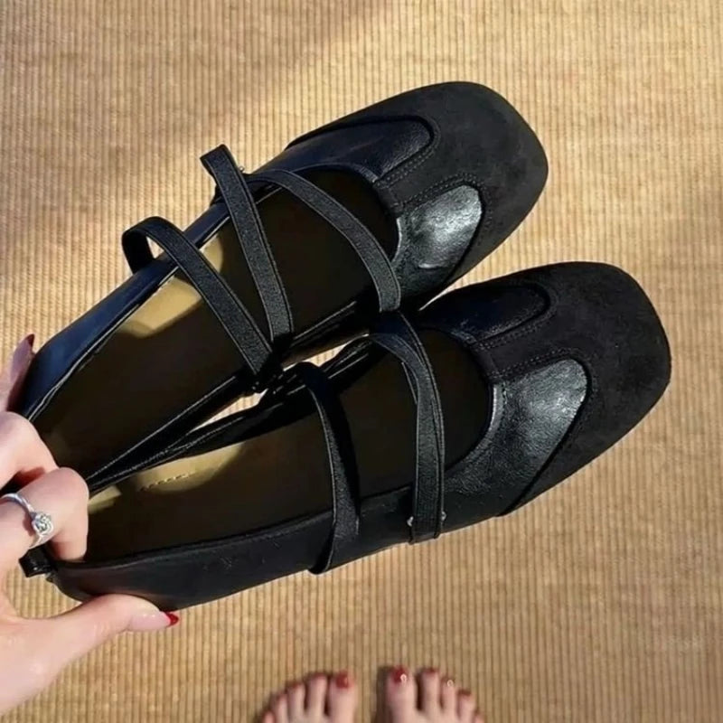 Spring Ballet Flats Women Comfy Splicing Leather Square Toe Mary Janes Elastic Cross Straps Vintage Sporty Ladies Footwear Shoes
