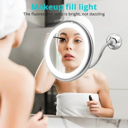 Miroir de Maquillage Flexible Col de Cygne avec Lumière LED Miroir Grossissant 10X Ventouse Lumière Diffuse Brillante et Pivotant à 360 Degrés