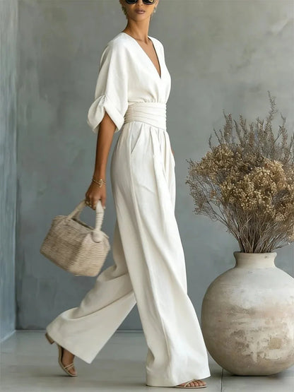 Women's Jumpsuit Fashion High Waist V-neck Casual Jumpsuits Sexy  Solid Color Office Wide Leg Trousers Overalls Vacation Outfit