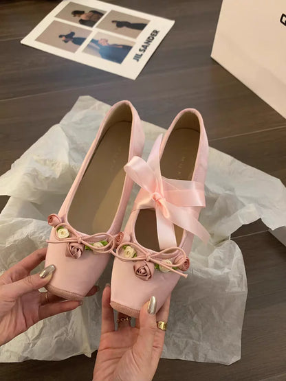 Women's Ballet Flats Ballerina Shoes 2026 Summer New Flower Mary Jane Comfortable Riband Strap Elegant Flats for Women 51441