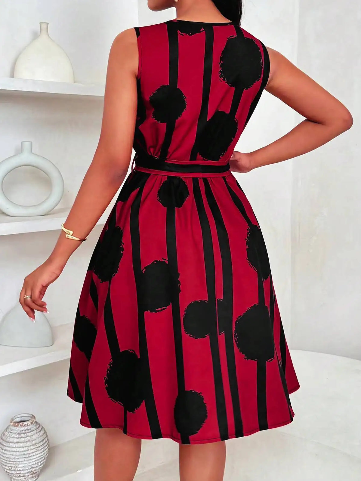 Mini Dress Spring Summer Women Red Black Brush Print Sleeveless Notch Neck Self Tie A-Line Casual Daily Dress