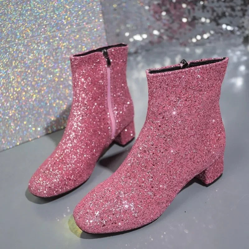 Fashion Women's Boots 2025 Bling Sequins Solid Color Side Zipper Luxury Comfortable Midsole Boots Zapatos De Mujer Party Girls