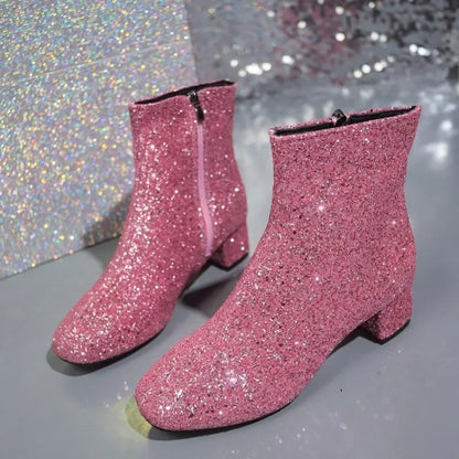 Fashion Women's Boots 2025 Bling Sequins Solid Color Side Zipper Luxury Comfortable Midsole Boots Zapatos De Mujer Party Girls