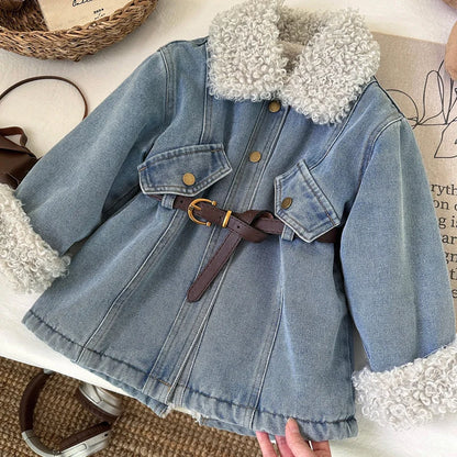 Winter Girls Thick Demin Coats Baby Plus Velvet Warm Outerwear With Belt Kids Princess Designed Long Jackets Children Clothes