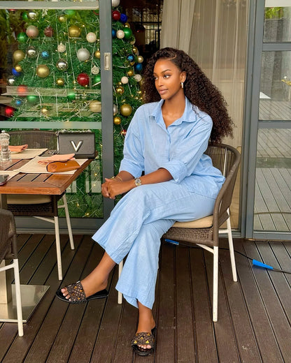 Pants Set Women Two Piece Sets Shirts Matching Sets Y2k Streetwear Single Breasted Tops Wide Leg Long Pants Casual Elegant Work