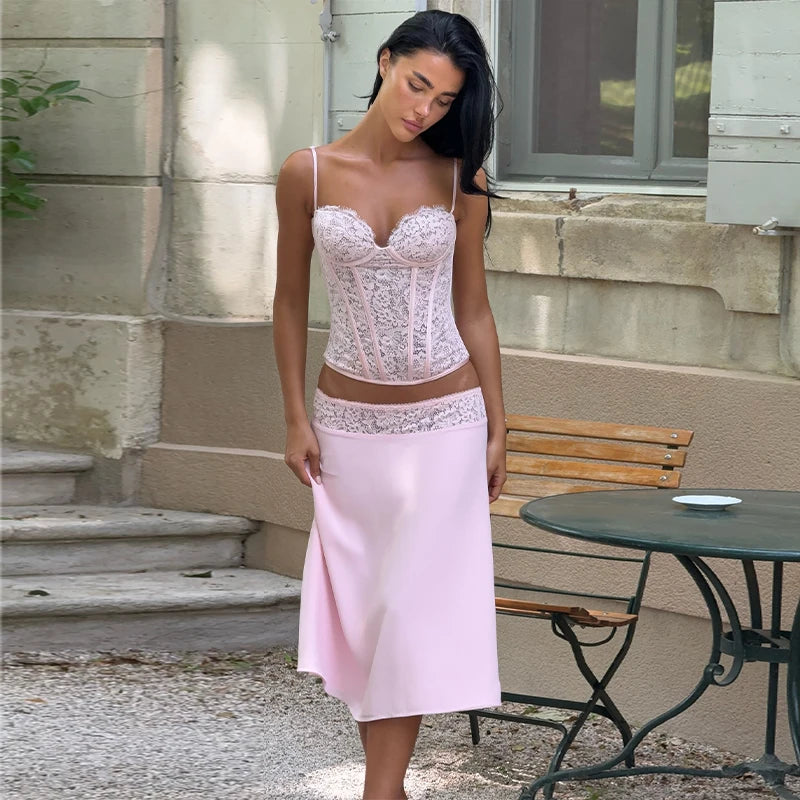 Lace Sweetheart Neck Lace Trim Corset Cami Top & Satin Midi Skirt 2-Piece Set 2026 Summer Chic Coquette Sweet Women Date Outfit