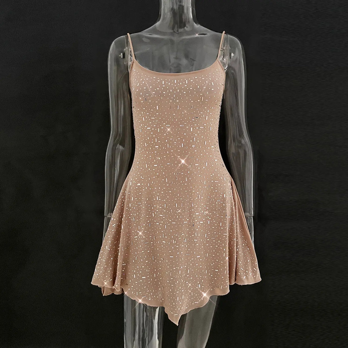 DGLUKE Spaghetti Strap Asymmetrical Mini Dress Sexy See Through Mesh Summer Dress Woman Sparkly Rhinestone Party Prom Dress