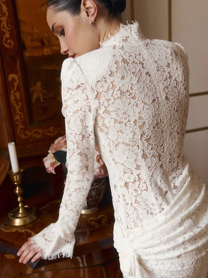 Mini Dresses Long Sleeves For Female O-Neck Slim Tight Bodycon Elegant Solid Soft Daily Casual Lace Patchwork Sheer Sexy Folds
