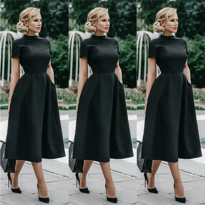 Robe trapèze élégante noire pour femme 2024, Col semi-montant, Taille haute, Coupe ajustée, Robe de bureau unie pour femme, Vestidos