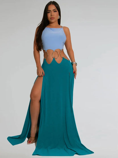 Beyprern Robes longues évidées à anneaux métalliques pour femmes, mode sans dossier, bandage, robes de vacances, tenues de vacances, vêtements de club sexy