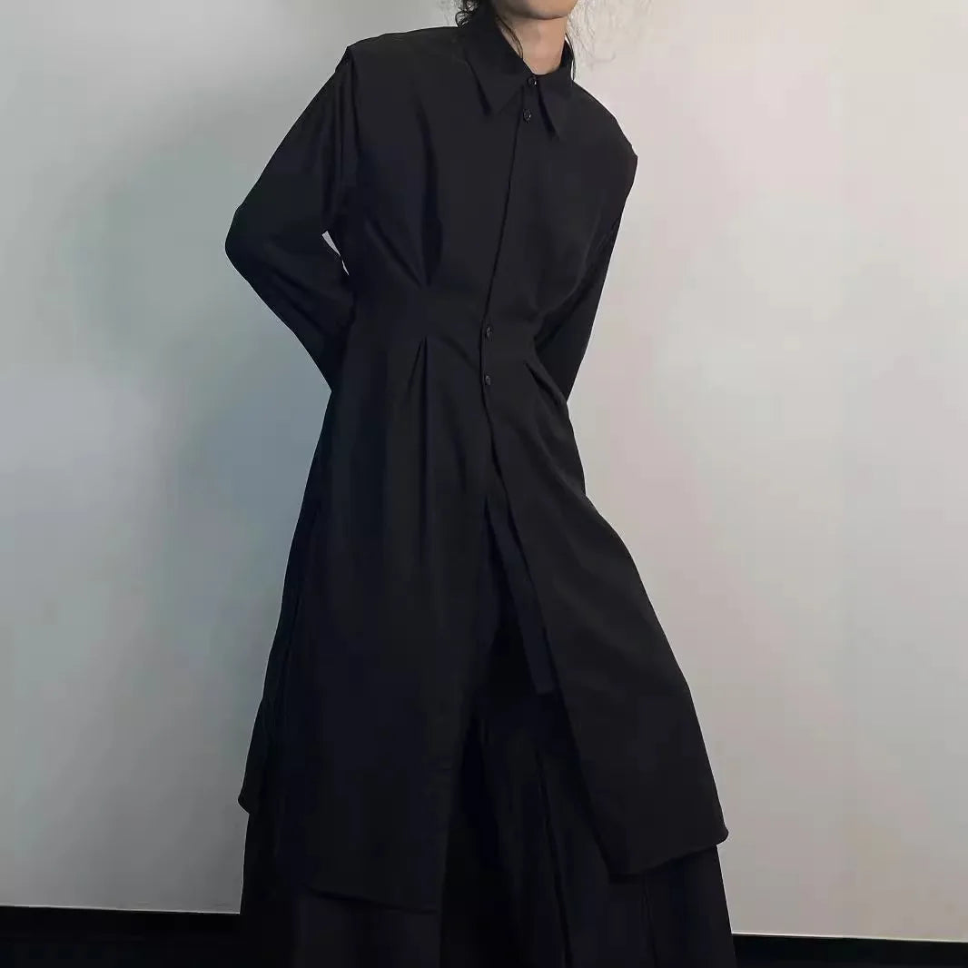 Y2K Gothic Trench Coat Men Dark Academia Streetwear Long Shirt Dress Asymmetric Hem Belted Punk Style Outerwear