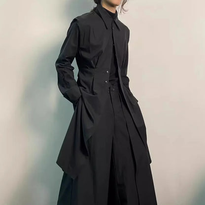 Y2K Gothic Trench Coat Men Dark Academia Streetwear Long Shirt Dress Asymmetric Hem Belted Punk Style Outerwear