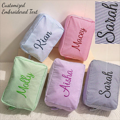 Personalized Striped Cosmetic Bag with Custom Text Embroidery Portable Travel Wash Bag Storage Pouch for DIY Makeup Skincare