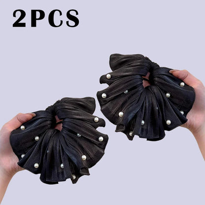 High-End Super Fairy Imitation Pearl Mesh Headband with Pleated Texture Floral Hair Rope Ponytail Accessory