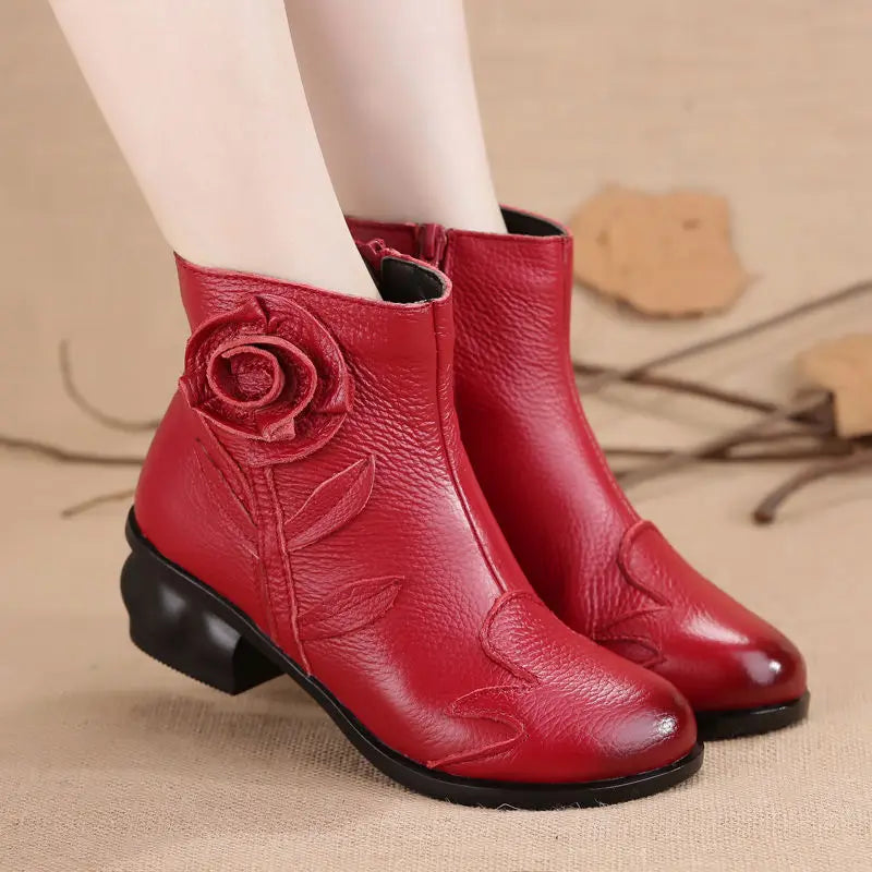 Red Leather Ankle Boots Woman Autumn Low Heel Fur Bootie Ladies Vintage Handmade  Hollow Shoes fashion floral Mujer Booties﻿